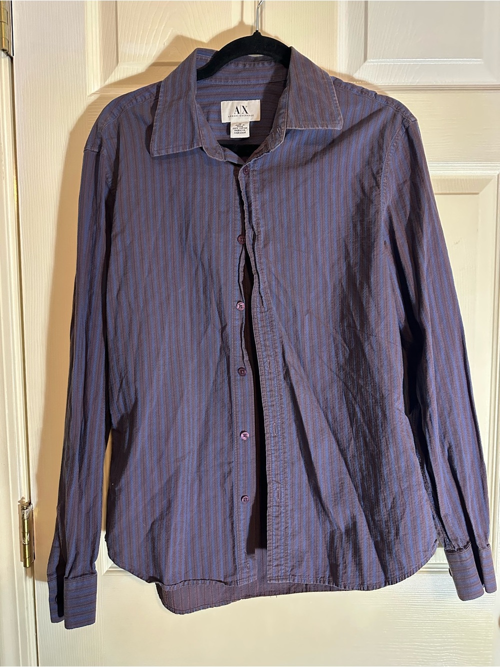 Armani Exchange Men's Purple and Blue Striped Long-Sleeve Shirt
